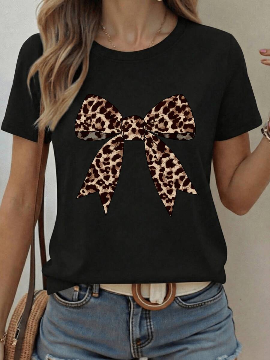 Camiseta corta de cuello redondo de manga corta con lazo y estampado de leopardo minimalista casual para mujer, verano - Negro - Ver 1