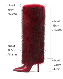 Furry Fluffy Knee High Boots For Women Faux Fur Winter Snow Boots Pointed Toe Stiletto High Heels Sexy Warm Shoes Christmas Party - 紅色 - 查看 6