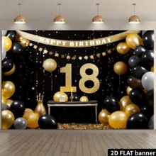 1 buc. Banner orizontal pentru a 18-a aniversare, banner orizontal negru și auriu pentru a 18-a aniversare, fundal pentru petrecerea de 18 ani, banner pentru la mulți ani de 18 ani, decor perfect pentru a 18-a aniversare - Negru - Vizualizare 8
