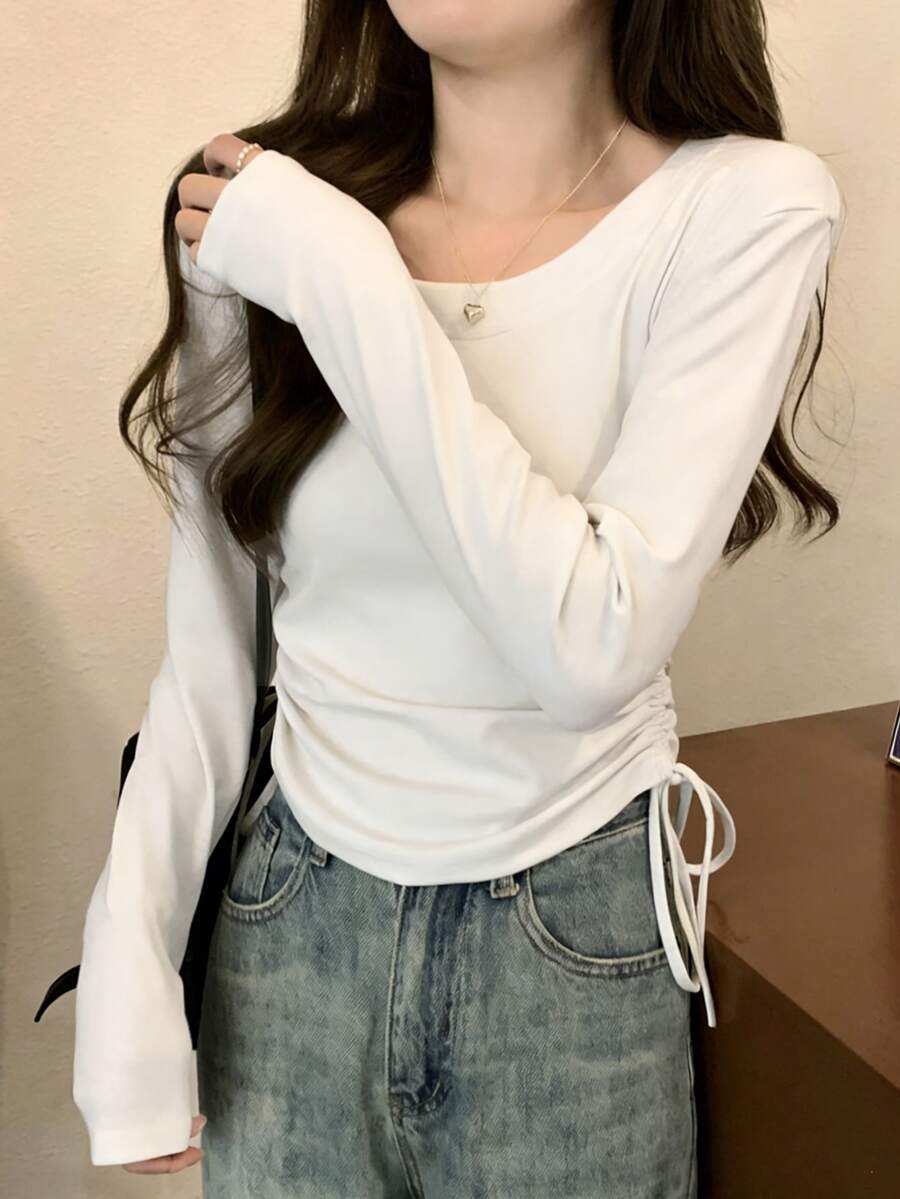 秋季韓系修身圓領抽繩設計百搭長袖女款T恤休閒上衣