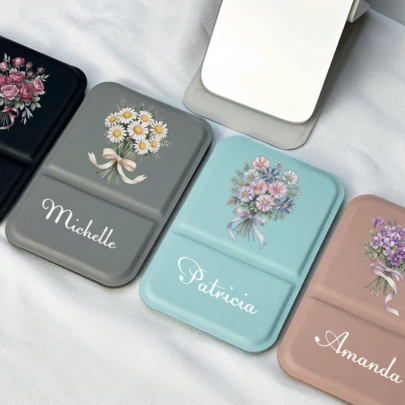 Espelho de bolso floral personalizado - Nome e design de buquê personalizados, lembrancinha de casamento perfeita, presente de Dia dos Namorados, recordação de aniversário para madrinhas, namoradas e pessoas queridas | Espelho de bolso portátil com texto/arte personalizados para ocasiões especiais