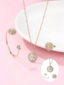 1条手链、1枚戒指、1条项链，锌合金透明水晶生命之树首饰套装，可爱饰品，适合女孩日常休闲佩戴 - 金色 - 查看 5