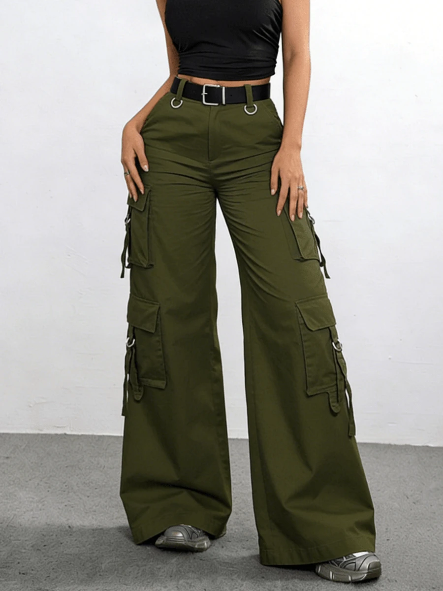 Women's Olive Green High Waist Cargo Pants, Multi Pockets With Belted Waist, Wide Leg Utility Trousers For Streetwear & Casual Outfits - 軍綠色 - 查看 1
