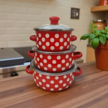 3pcs Enamel Mini Saucepan Set, 12cm-14cm-16cm Thick Double Ear Enamel Cooking Pot, Multi-Purpose For Gas & Induction Cooktop, Vintage Style Enamel Soup Pot, Small Pot For Boiling Milk, Cartoon Cute Enamel Bowl With Handle For Instant Noodles