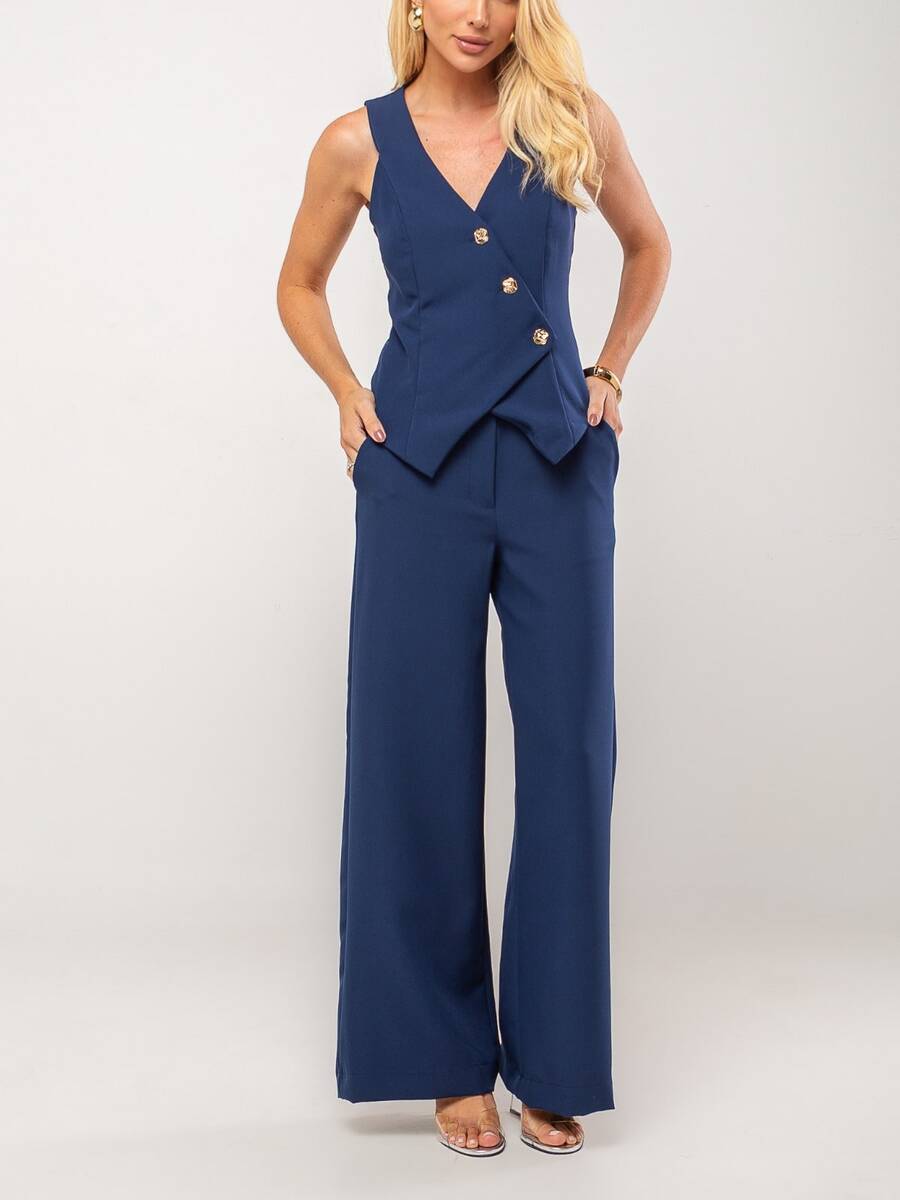 Elegant Women's Tailored Set - Navy Blue Pants And Vest With Metal Buttons - 藏蓝色 - 查看 1