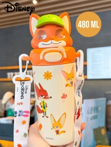 Nick Wilde "Hide And Seek" Cute Insulated Water Bottle (480ml), With Green Cap, SUS316 Stainless Steel Inner Lining, Leak-Proof Design, 2 Drinking Modes (Straw + Open Mouth), Adjustable Strap, Portable Handle, Keeps Warm/Cold For Hours, Durable Material, Adorable Fox Cartoon Style, Ideal For School, Travel, Outdoor Hydration, Also A Great Birthday Collection Gift - Nick 480ml - View 2