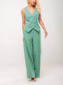 Elegant Women's Tailored Suit - Green Pants And Vest With Metal Buttons - 薄荷綠 - 查看 9