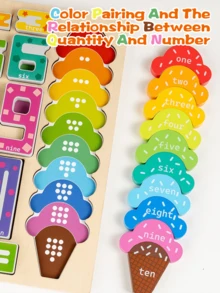 大型木制拼图积木，冰淇淋和数字数学玩具，蒙特梭利早教益智玩具，大型计数堆叠玩具，适合幼儿和婴儿