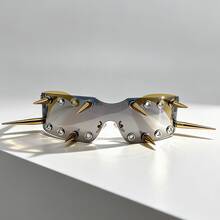 蒸汽朋克尖刺装饰朋克时尚眼镜，男女通用，金色金属镜框无框个性Y2K时尚眼镜，哥特嘻哈派对眼镜 - 彩色 - 查看 10