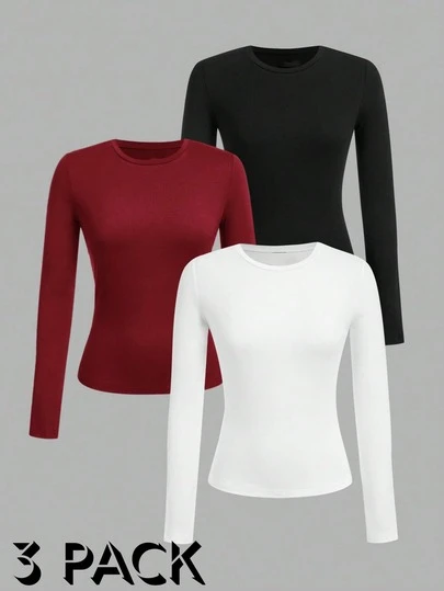 Paquete de 3 Playeras Termica de Mangas Largas de Mujer con Cuello Redondo de gran calidad