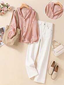 Chemise pour femmes de couleur unie texturée jacquard, coupe ample, polyvalente, cardigan à capuche manches longues, coupe-vent léger, convient pour le printemps/automne, bureau/tenue décontractée