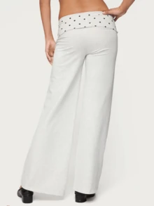 Women Fold Over Yoga Pants Low Rise Solid Color Stretch Casual Straight Wide Leg Palazzo Pants Loose Fit Comfy Flared Leggings Gym Lounge Pants Bootcut Bell Bottoms Baggy Sweatpants Teen Girl Back To School Bottoms Y2k Streetwear - 波點白 - 查看 2