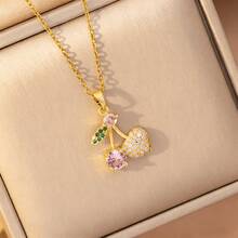 1 Set de Collar y Aretes de Acero Inoxidable Rosa Cerezo, Joyería de Lujo Personalizada con Micro Incrustaciones para Regalo de Banquete - Cereza dorada - Ver 6