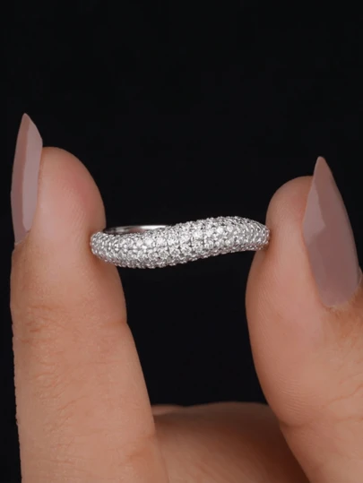 1pc 925 Sterling Silver Curved Micro-Inlaid Zirconia Ring, Women's Pure Silver Party & Birthday Ring, Fashionable Jewelry Gift
