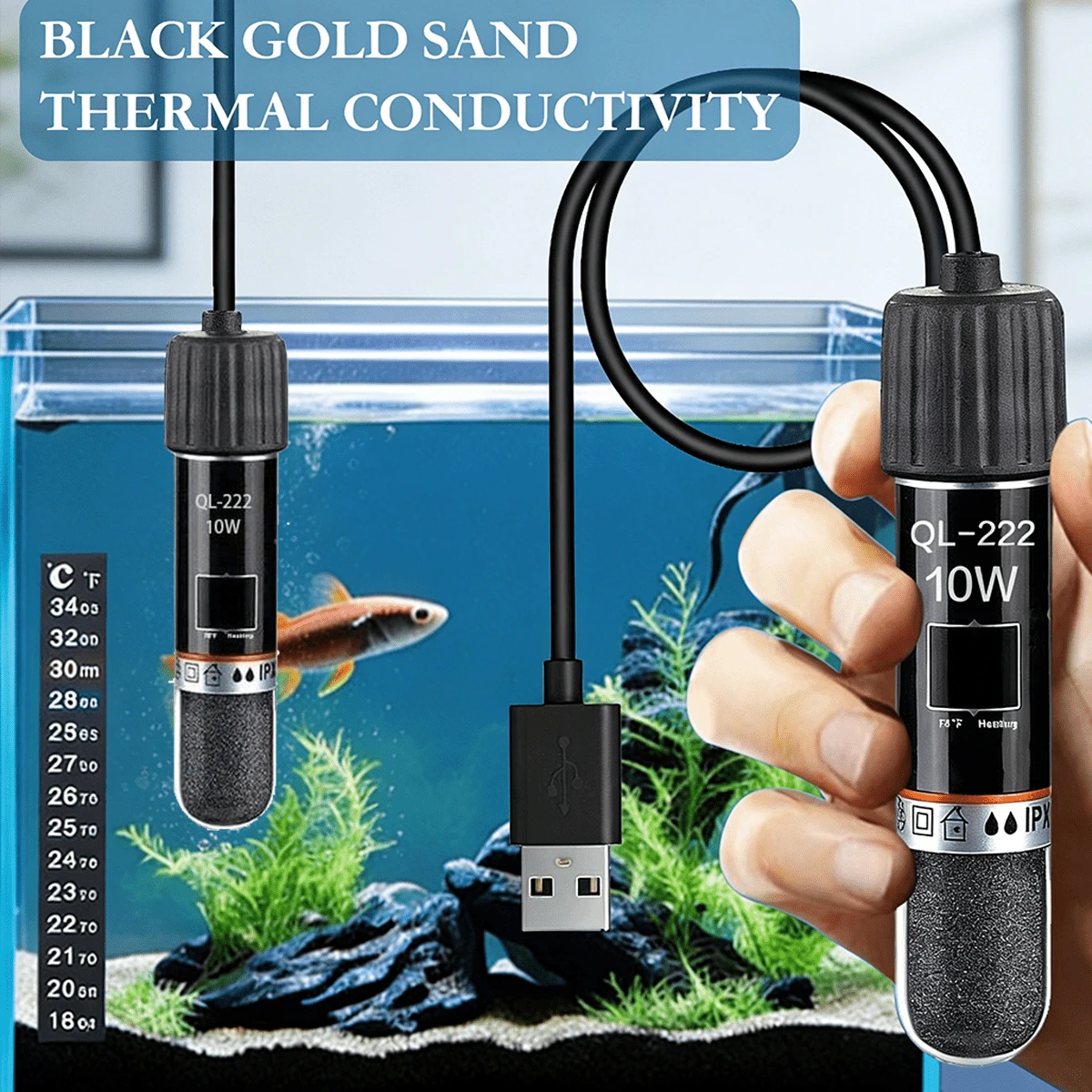 1PC 自动加热，恒温迷你加热棒，小型水族箱 USB 加热棒，26°C 恒温水族箱加热器，石英防爆，10W 输出。