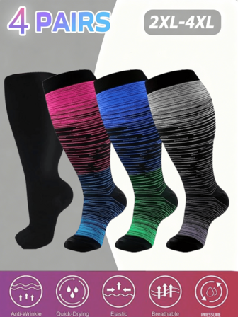 4 pares de calcetines de compresión talla grande - Mejoran el rendimiento y la recuperación, ajuste para pantorrillas anchas, perfectos para correr, ciclismo y todos los deportes, diseño unisex