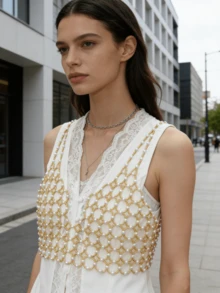 New Handmade Beaded Shiny Camisole Top, Vintage Deep V-Neck Hollow Out Crop Top, Versatile, Luxury Body Chain Accessory - White - View 9