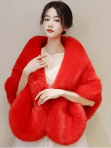 黑色人造毛皮披肩，秋冬季保暖新娘披肩斗篷，柔软舒适的人造毛皮外套披肩 - 黑色 - 查看 14