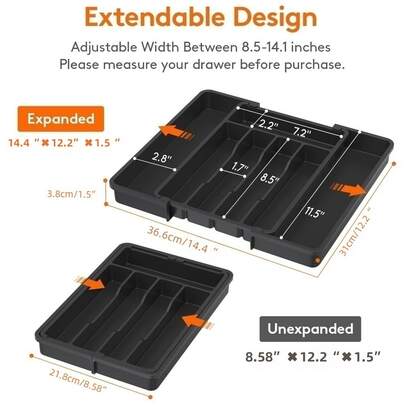 Caja de almacenamiento de utensilios de cocina multifuncional y expandible, organizador de cajón para cuchillos, tenedores, palillos y cucharas, con compartimentos para esponjas, cepillos y paños de limpieza, tamaño ajustable para adaptarse a diferentes gabinetes, a prueba de polvo y ahorra espacio, organizador de cajón para encimera de cocina