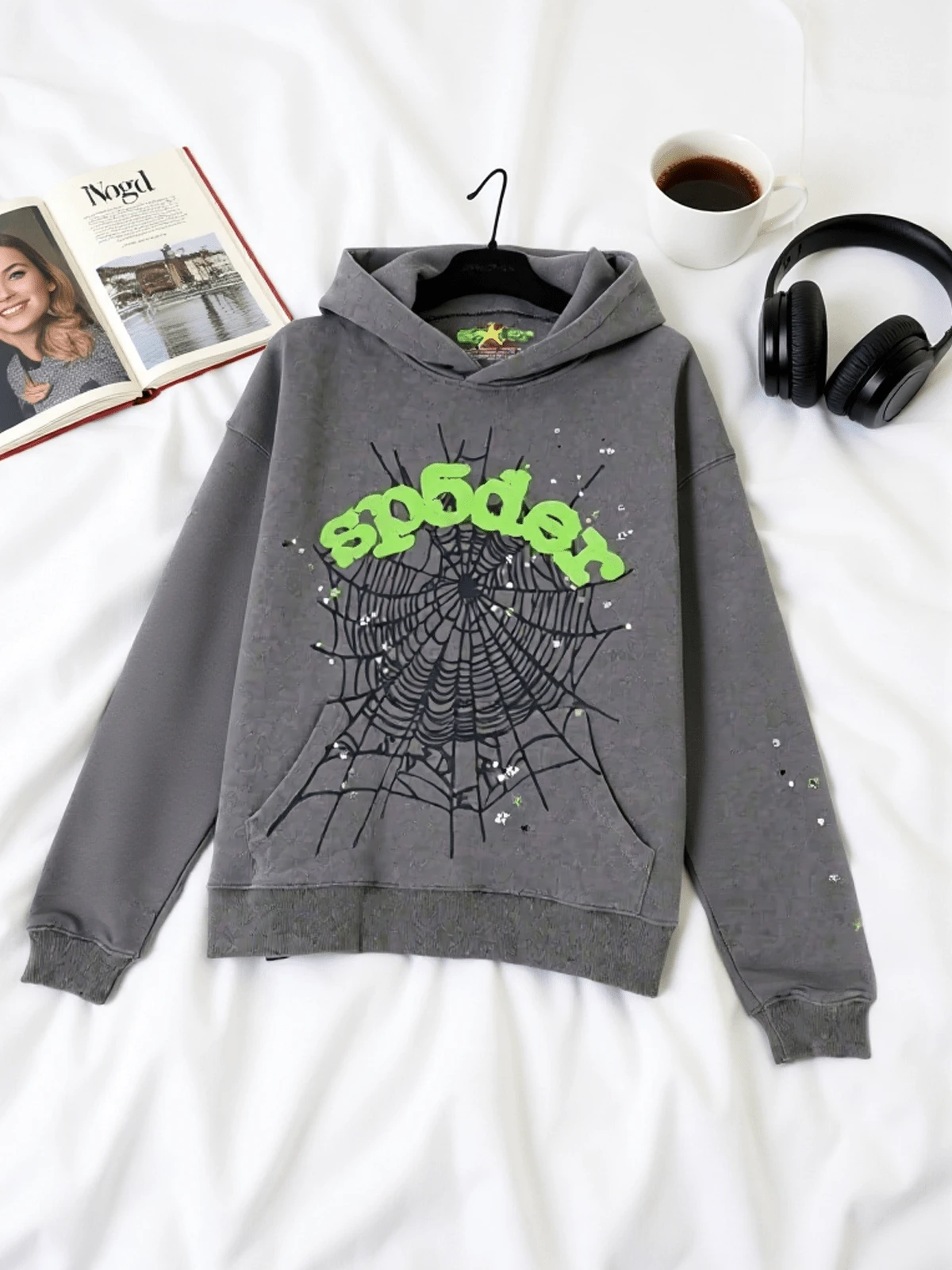 Sudadera con capucha con estampado gráfico de tela de araña y alfabeto estilo Y2K para mujer - Gris - Ver 1