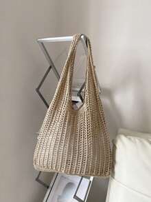 Women's Fashion Casual Large Capacity Shoulder Bag, Foldable Large Capacity Woven Net Bag, Casual Shoulder Bag And Travel Accessories - Khaki - View 5