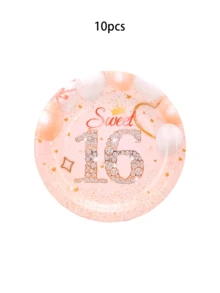 10个/20个/50个/80个玫瑰金甜美16岁生日派对纸盘、纸杯和餐巾纸餐具套装，16岁生日派对装饰，16岁一次性蛋糕甜点餐具套装，适合女孩女士生日派对用品。 - 彩色 - 查看 12