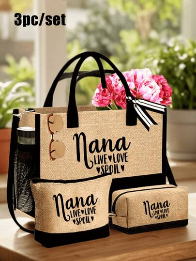Set di 3 borse in lino di Nana con borsa per il trucco, con motivo a lettere e cuori "Nana Love", borsa alla moda, portafoglio piccolo, borsa capiente semplice, borsa casual portatile, borsa a tracolla multifunzionale, borsa da viaggio alla moda, borsa igienica, regalo perfetto per vacanze, compleanni, San Valentino, Capodanno
