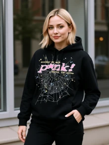 Women's Hip Hop Spider Web Pattern Graphic Alphabet Print Y2k Hoodie - màu đen - Xem 1