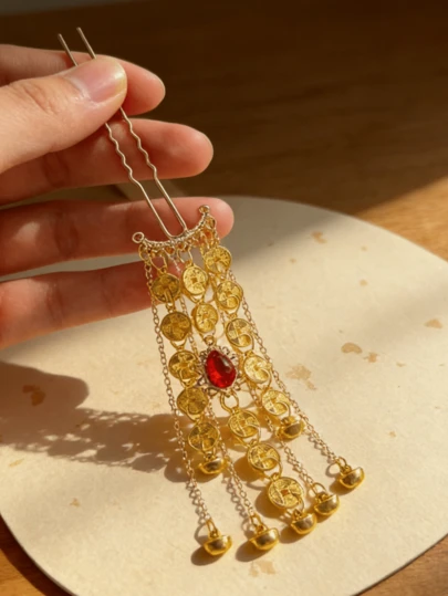 一套传统汉服配饰，包括钱币、流苏、发簪、发饰，节日中国风，多功能发饰，花朵发簪，金属发簪，中国旗袍汉服配饰，丝绸花朵装饰，新款中国流苏发簪，情人节礼物，新娘婚礼发饰，女士发饰，新年礼物