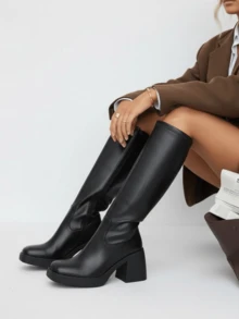 Women's Black Square Toe Platform Chunky Heel Knee High Boots Side Zipper PU Leather GoGo Boots For Spring Summer Daily Outfit - 黑色 - 查看 7