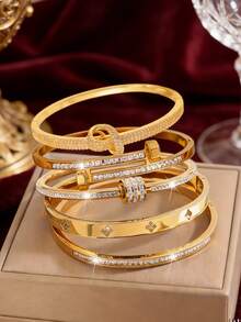 5pcs - Dazzling And Exquisite 18k Gold-Plated Multi-Style Copper And Stainless Steel Bracelet Set, Featuring Zirconia And Clover Elements. A Luxurious Stacked Style, Versatile Combinations, Perfect For Everyday Wear Or Parties. - Gold - View 5