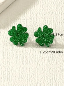 1 Pair Spring/Summer St. Patrick's Day Clover Acrylic Stud Earrings, Shiny Minimalist Earrings For Daily, Party, Beach Vacation - Green - View 3