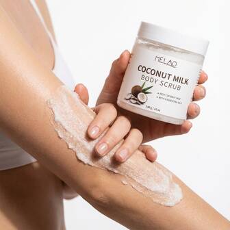  MELAO Coconut Milk Body Scrub, Infused With 6 Essential Oils, 340g - Nourishing Exfoliating Scrub, Leaves Skin Soft, Smooth, Hydrated, With A Rich Coconut Aroma