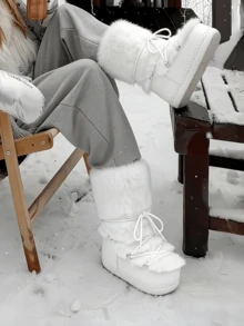 Women's Faux Fur Boots Fuzzy Fluffy Furry Snow Boots Round Toe With Lace-Up Design Cute Warm Suitable For Christmas Halloween And Winter - 白b - 查看 7