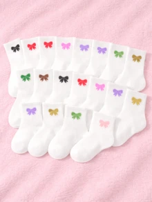 10 Pairs Of White Children's Socks With Bow Jacquard Detailing, Featuring Cute Rainbow Bow Embroidery. Suitable For Kids And Perfect For Both Boys And Girls. The Socks Are Soft, Comfortable, And Breathable, Making Them An Ideal Gift For Boys And Girls In Spring, Summer, Autumn, And Winter. - Multicolor - View 5