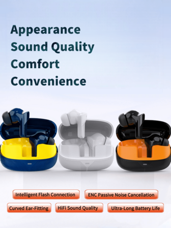 Auriculares inalámbricos semi-in-ear ligeros y cómodos, con diseño ergonómico de arco adecuado para música y juegos. Estuche de carga compacto para una portabilidad conveniente, con una capacidad de 210mAh para una larga duración de la batería y eficiencia energética. Fácil de operar con emparejamiento automático.