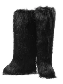 Faux Fur Winter Boots For Women Over The Knee Fluffy Long Fuzzy Flat Heel Boots For Girls Outdoor Tall Furry Shoes Warm Thigh High For Halloween Christmas Party - a黑色 - 查看 7