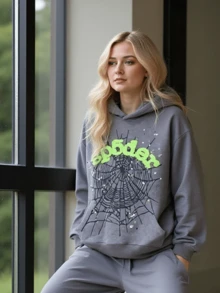 Sudadera con capucha con estampado gráfico de tela de araña y alfabeto estilo Y2K para mujer - Gris - Ver 4