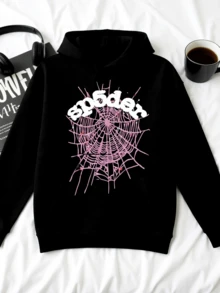 Women's Hip Hop Spider Web Pattern Graphic Alphabet Print Y2k Hoodie - Đen 1 - Xem 4