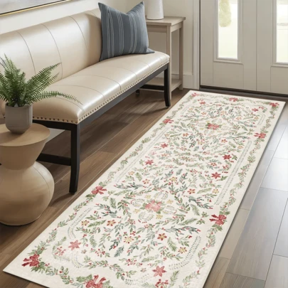 1pc Rug, Carpet, Area Rug, Doormat, Runner - Light Color Scheme, American Classic Pastoral Style, Bohemian Floral Design Area Rug, Hallway Runner Carpet, Suitable For Bathroom, Kitchen, Entryway, Hallway, Bedside, Living Room, Bedroom, Machine Washable, Home Decor