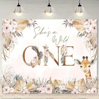 She's A Wild One 1st Birthday - Boho Floral & Giraffe Design, Pink & Beige Polyester Photography Backdrop, First Birthday Party, Photo Booth, Studio Props