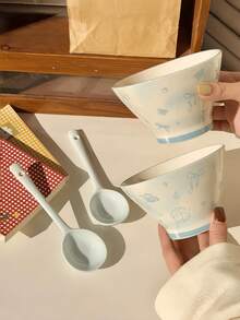 1 Set Blue Bow Decor Bowl + Spoon Tableware, High-Quality Fresh Yogurt Breakfast Bowl, Ceramic Dinnerware Gift For Friends, Stylish Ceramic Dining Set, Vegetable Salad & Rice Bowl, Suitable For Home, Restaurant, Dessert Shop, Gift, Party - Multicolor - View 5
