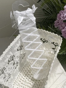 1 Pair Japanese Style Summer Crystal Polka Dot Frill Trim Bow Thin Socks - White - View 4