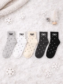 5 Pairs Solid Color Children's Socks With Cute Polka Dot & Bow Embroidery, Soft, Breathable, Suitable For Boys And Girls, Ideal Gift For Kids All Year Round - Multicolor - View 7