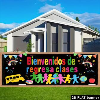 1 pieza de material de poliéster plano 2D, bandera colgante con tema de vuelta al colegio multilingüe - diseño en español, alemán, turco e inglés, adecuado para interiores y exteriores, decoración multiusos, regalo festivo, material de poliéster, sin necesidad de energía.