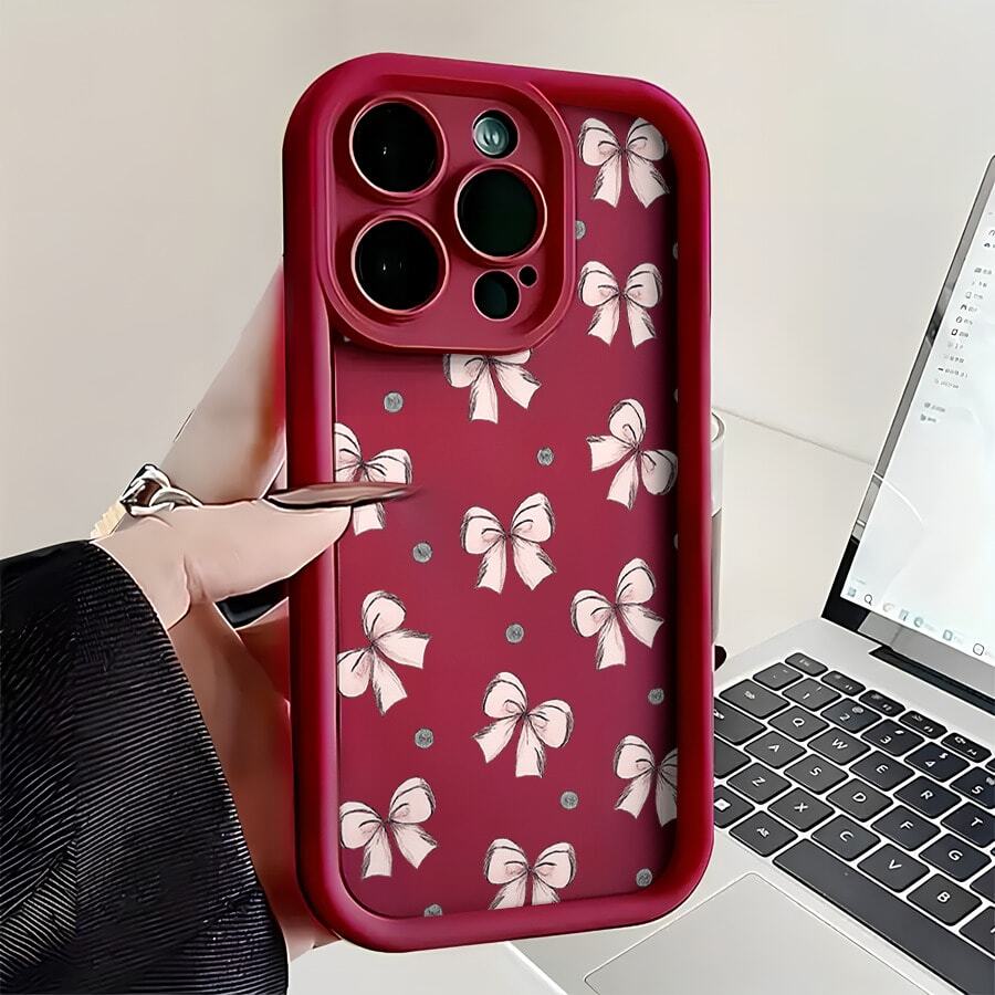 Pink Bow With Black Polka Dots Patterned Soft Silicone Phone Case For IPhone 17 16 15 14 13 12 11 Pro Max Plus Air X XS, For Samsung S21S22/23/24/25/A13/14/15/17/33/35/54/NOTE20 Christmas And Valentine's Day Gifts, Gifts For Boyfriends And Girlfriends, Family Members - Burgundy - View 1
