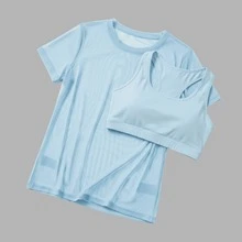 Women's Sheer Tulle Short-Sleeve T-Shirt For Gym And Workout - 藍色 - 查看 3