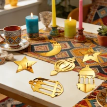 1/6pcs Eid Mubarak Gold Hanging Decorations Set, Moon & Star Lantern Design, Acrylic Mirror Stickers, Ramadan Home Decor, Eid Gift - Gold - View 4