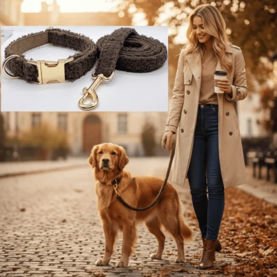 2pcs INS Fashion Teddy Zinc Alloy Buckle Dog Collar & Leash Set, Double-Layer Thickened Fabric, Adjustable Tightness, One-Click Wear, Convenient Pet Dog Supplies Leash Set, Suitable For Large/Medium/Small Dogs, Soft & Comfortable, Zinc Alloy Buckle, Gold-Plated, More Sturdy Than Plastic, Easy To Tighten And Quick Release (Color May Vary Slightly Due To Fabric Batch Difference)