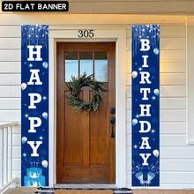 2D flaches Happy Birthday Türbanner - Navy Blau und Weiß, Innen- und Außendekoration für Partys, Happy Birthday Elemente Hintergrundstoff, geeignet für Innen- und Außenpartys, Fotografie, Heimdekoration, Garagentor-Display, ohne Strombedarf, Geburtstagsdekoration - Blau - Übersicht 4
